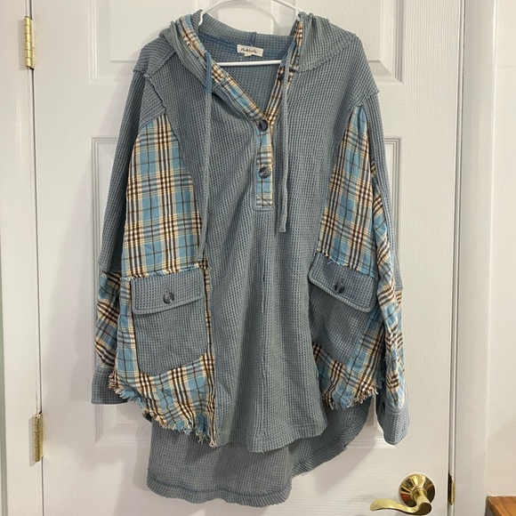 Oli & Hali blue rustic boho waffle knit oversized Henley hooded top M/L - Picture 11 of 11